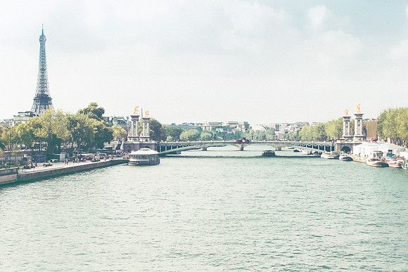 River Seine Paris France Eiffel Tower and Pont Alexander III Bridge